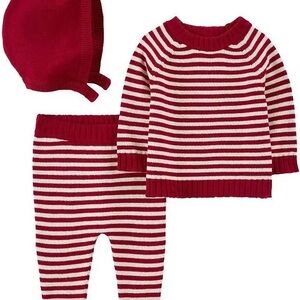 Carter's Red and White Striped Knit Sweater, Pants & Hat Set